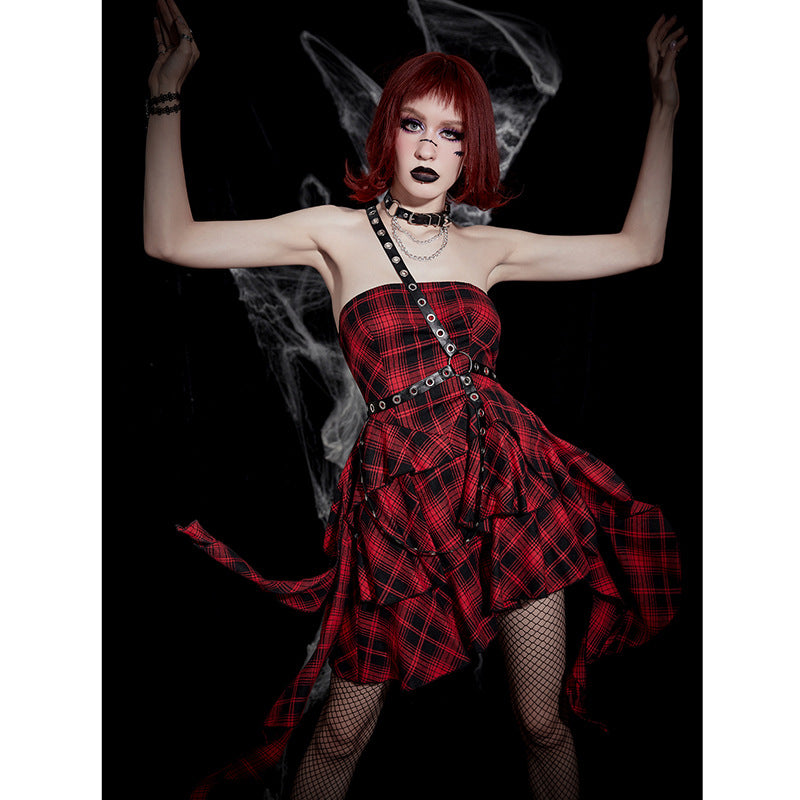 Dunkles Kleid Süßes Cooles Plaid Unregelmäßiges Asymmetrisches Tube Top Halloween Gothic Kleid