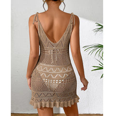 Short Knitted Sling Deep V Plunge See through Hollow Out Cutout Floral Hem Jumpsuit Knitted Beach Dress