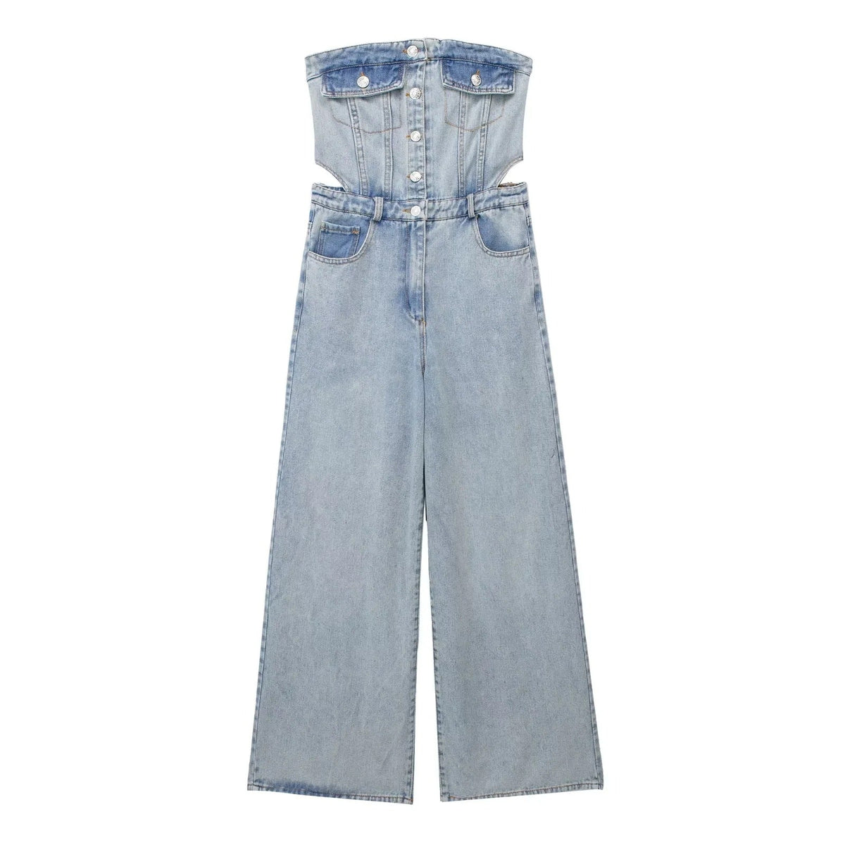 Casual All Matching Cropped Outfit Hollow Out Cutout out Shoulder-Baring Tube Top Denim Jumpsuit