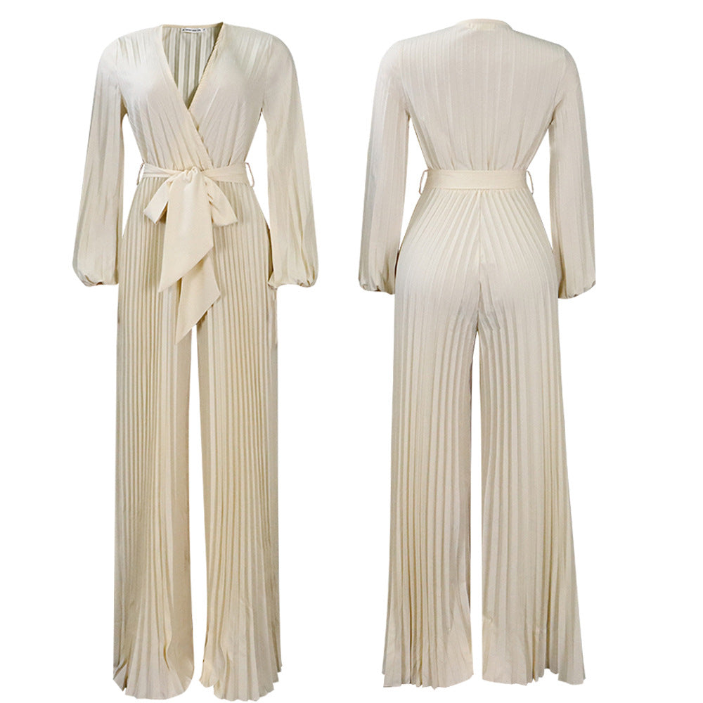 V neck Lace up Pleated Wide Leg Jumpsuit