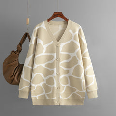 Jacquard Sweater V neck Long Line Pattern Baggy Coat