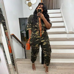 Cardigan Waist Camouflage Denim Jumpsuit