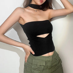 off-Shoulder Hollow Out Cutout Backless Slim Fit Inner Wear Knitted Vest