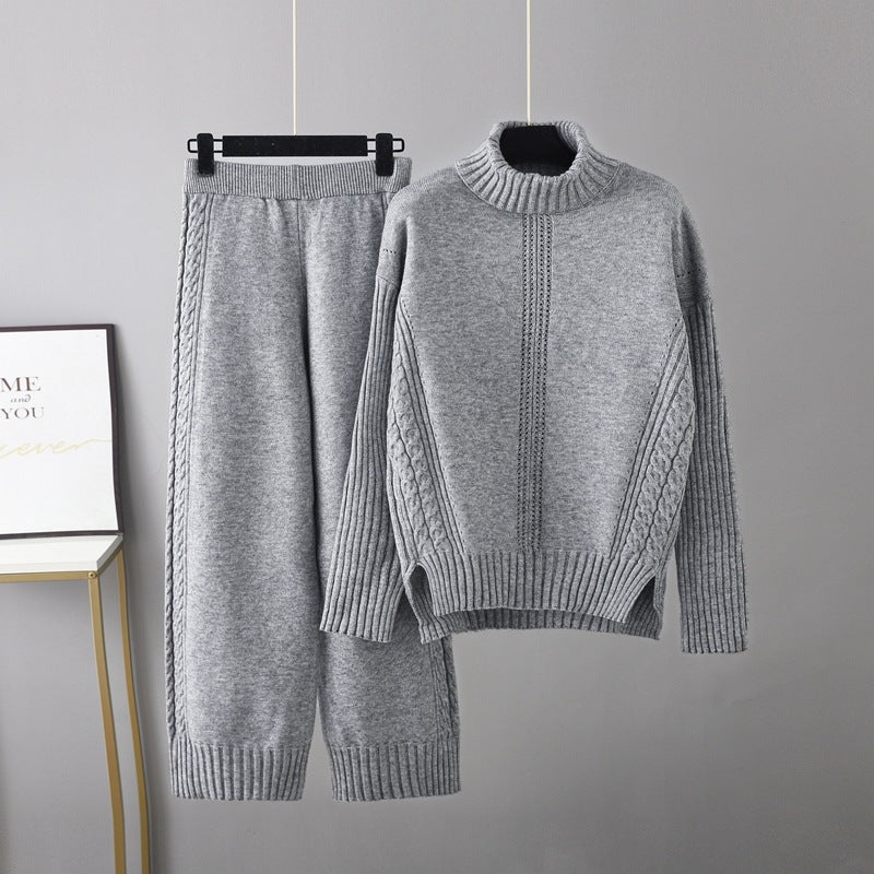 Turtleneck Pullover Thickened Knitting Sweater Casual Set Loose Idle Wide Leg Pants Two Piece Set