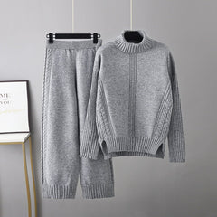 Turtleneck Pullover Thickened Knitting Sweater Casual Set Loose Idle Wide Leg Pants Two Piece Set