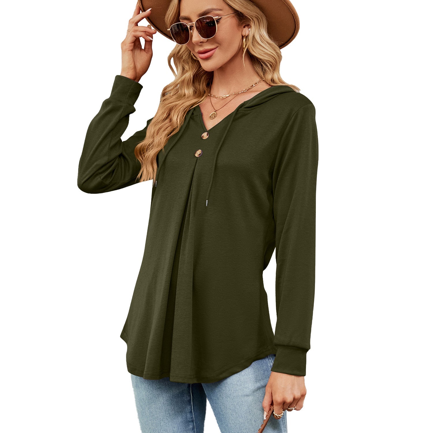 Solid Color V neck Button Hooded Loose Long Sleeves Sweater