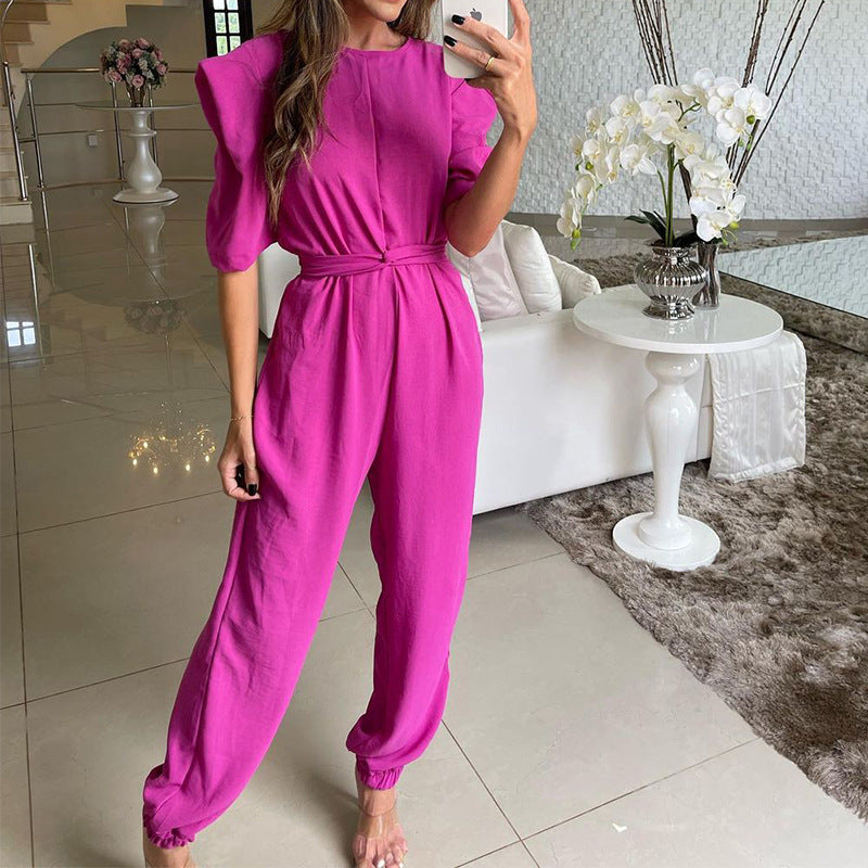 Crew Neck Half Sleeve Solid Color Skinny Jumpsuit