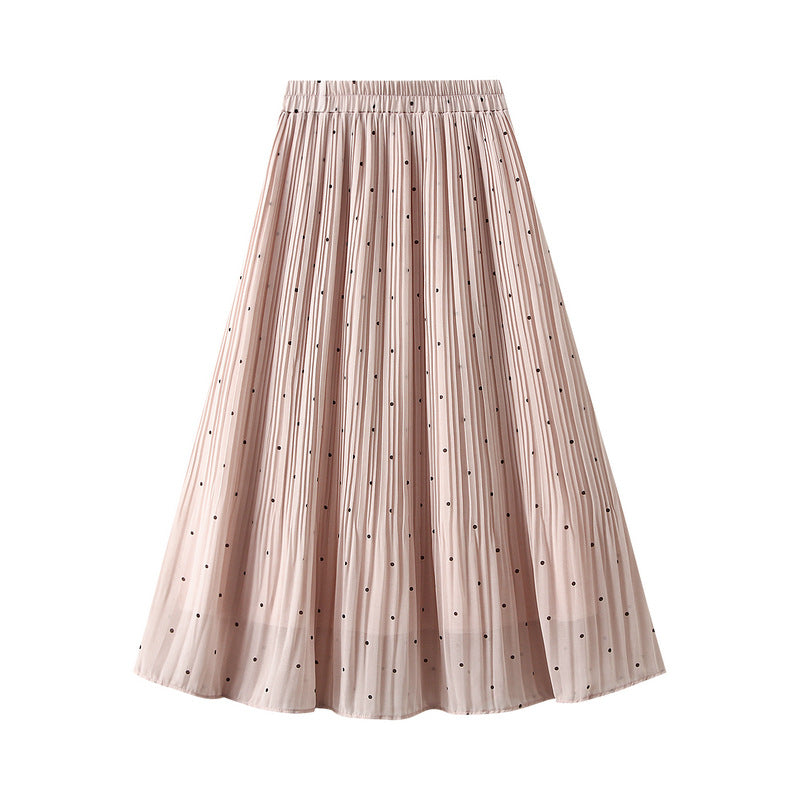 Fresh Small Polka Dot Chiffon Pleated Skirt Polka Dot Pleated High Waist A Line Midi Skirt
