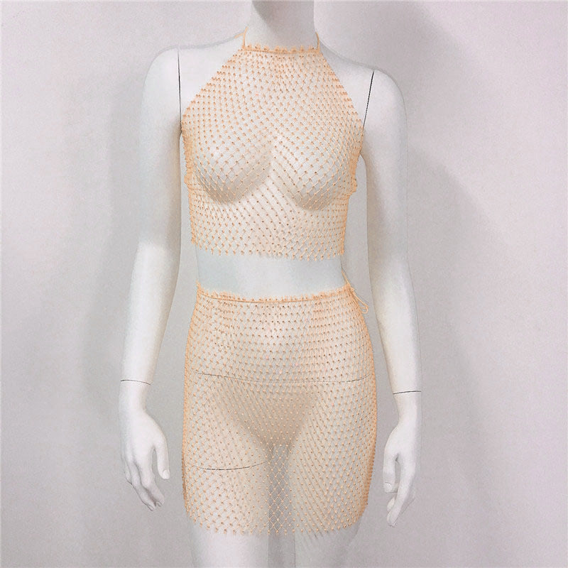 Ensemble jupe de plage en maille avec bretelles en résille et strass