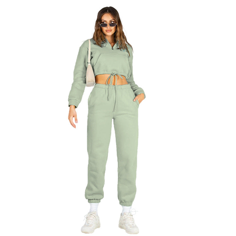 Solid Color StCollar Zipper Drawstring Cropped Brushed Hoody Casual Sweatpants Suit