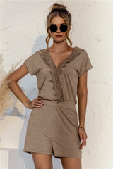 Eaby Short Sleeve V-neck Criss Cross Lace Stitching Romper Romper