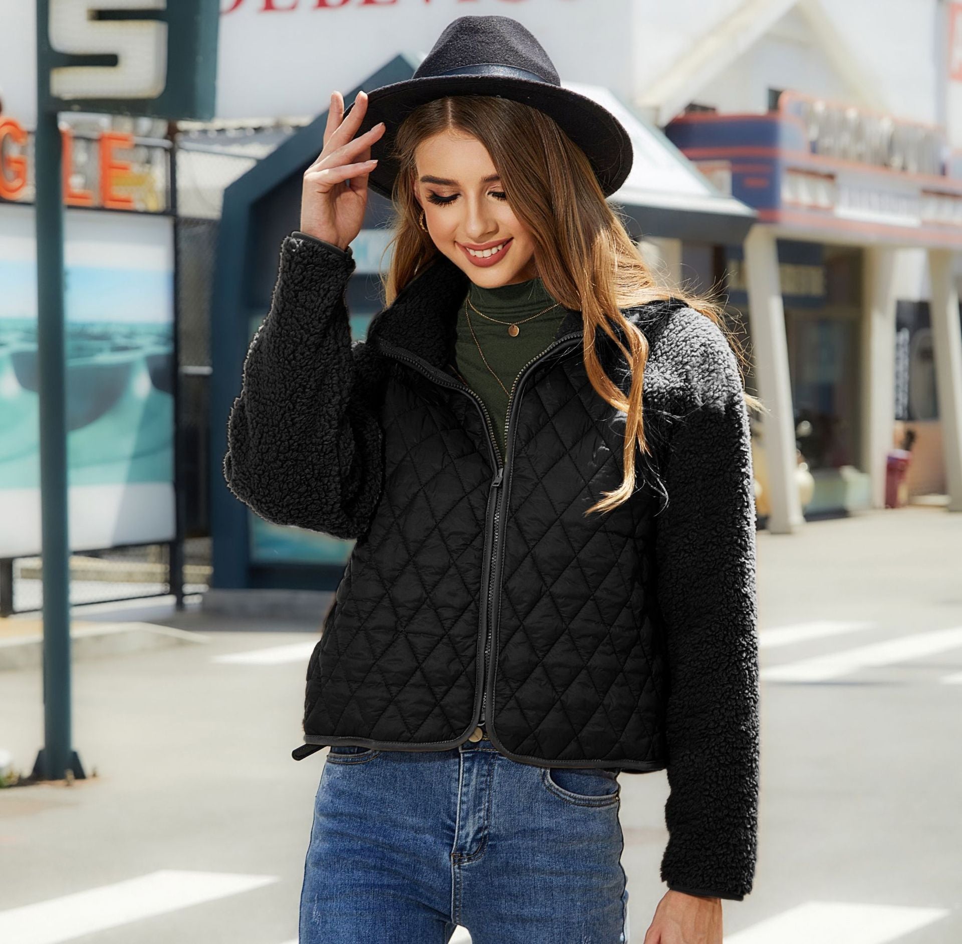 Cardigan zippé à manches longues et coutures en peluche