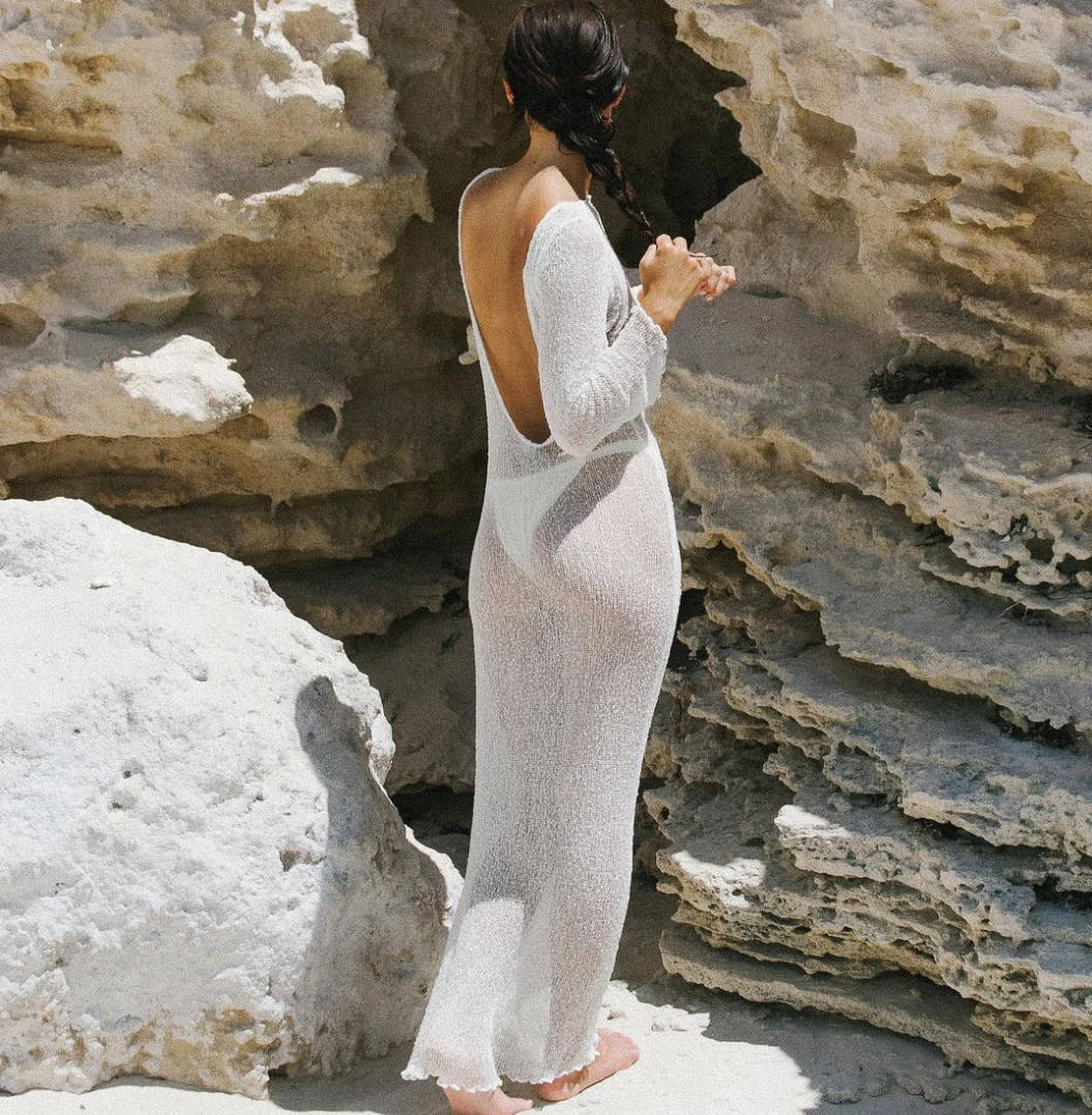 See Through Backless Slim Fit Comfortable Beach Beach Cover Up Bohemian Woolen Maxi Dress