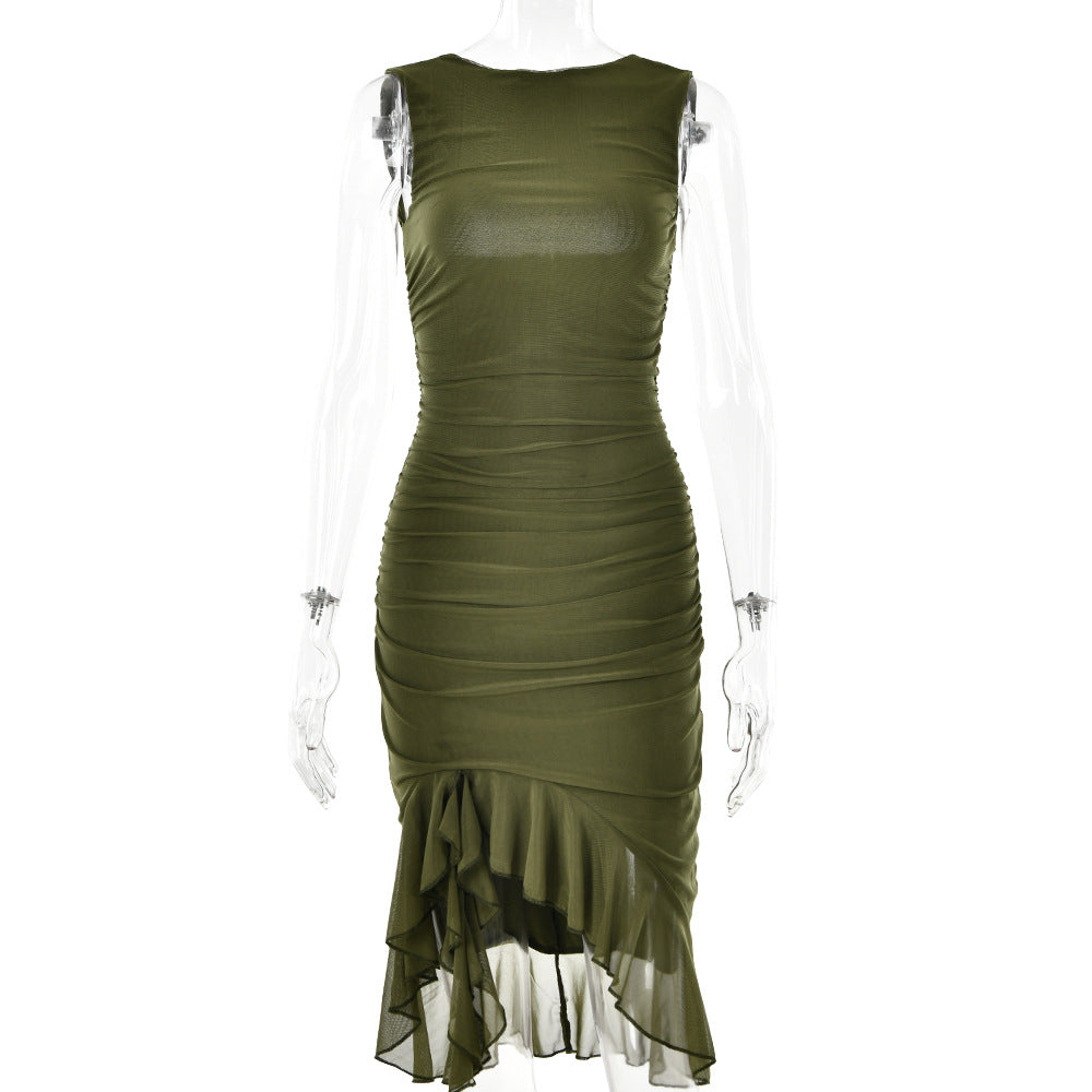 round Neck Sleeveless Dress Tight Backless Pleated Midi Dress