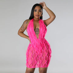 Wave Pattern Deep V Plunge Halter Short Hip Hugger Dress