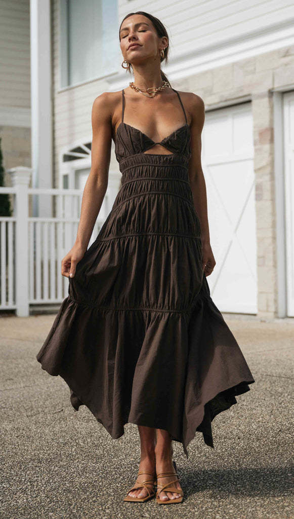 Sleeveless V neck Back Strap Stitching Irregular Asymmetric Swing Dress