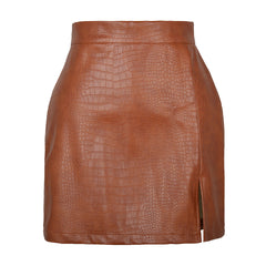 Faux Leather Zipper Skirt High Waist A Line Solid Color Hip Skirt