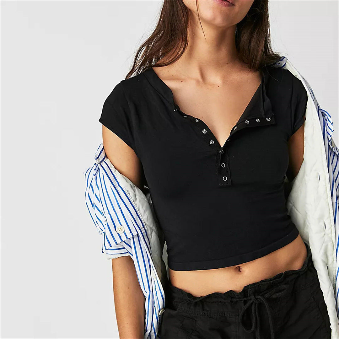 Casual V neck Cropped T shirt Short Sleeved Open Collar Tight Top Casual