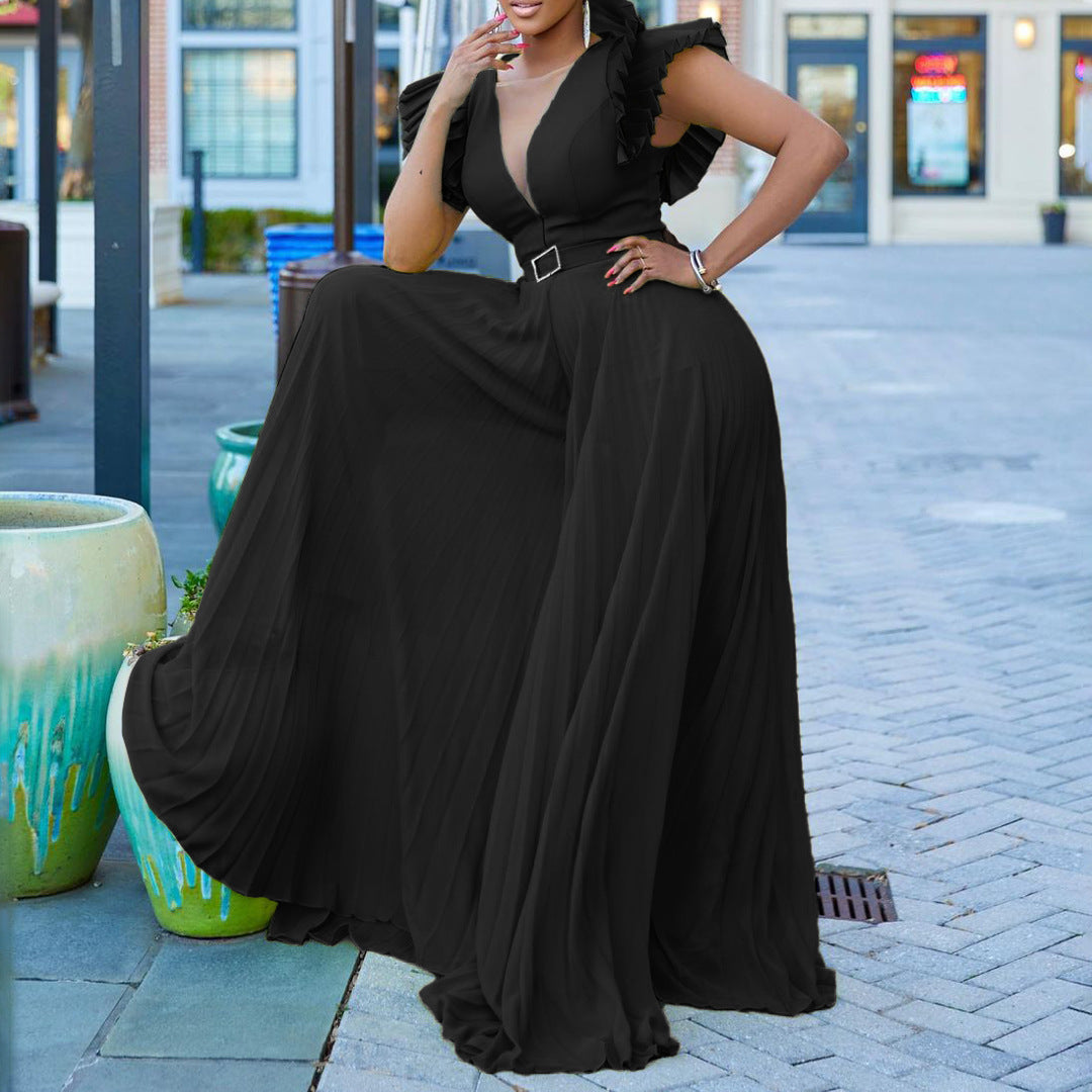 With Belt Deep V Plunge Pleated Wide Leg Jumpsuit