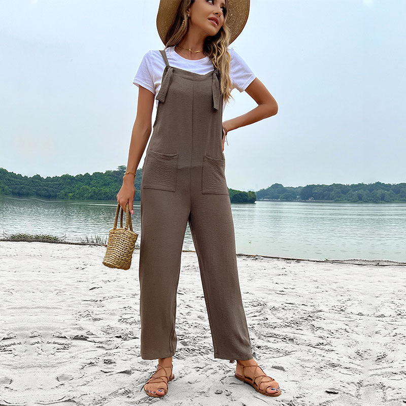 Wear Solid Color Cropped Straight Bib Jumpsuit