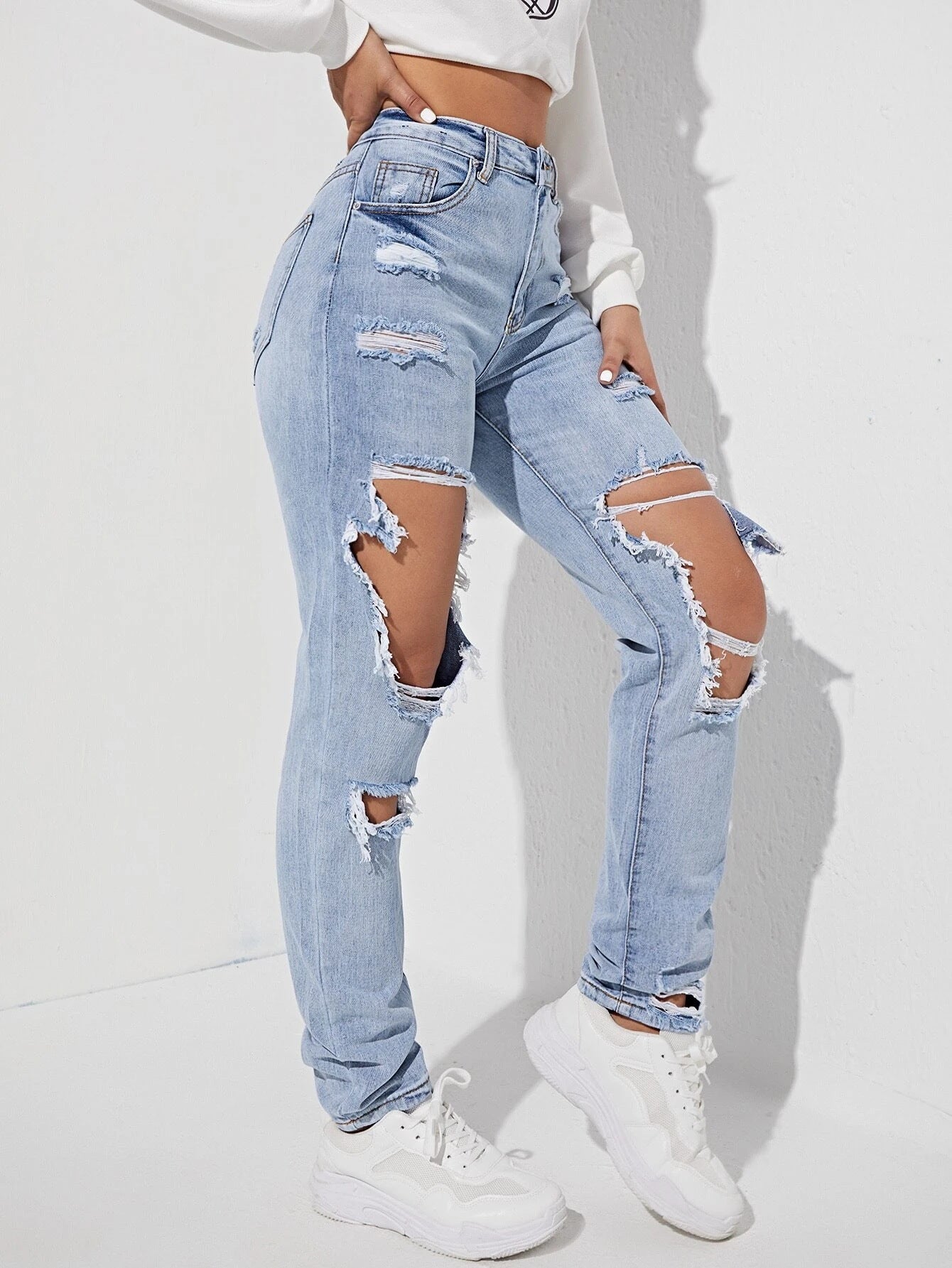 Pantalon en jean droit taille haute à larges déchirures