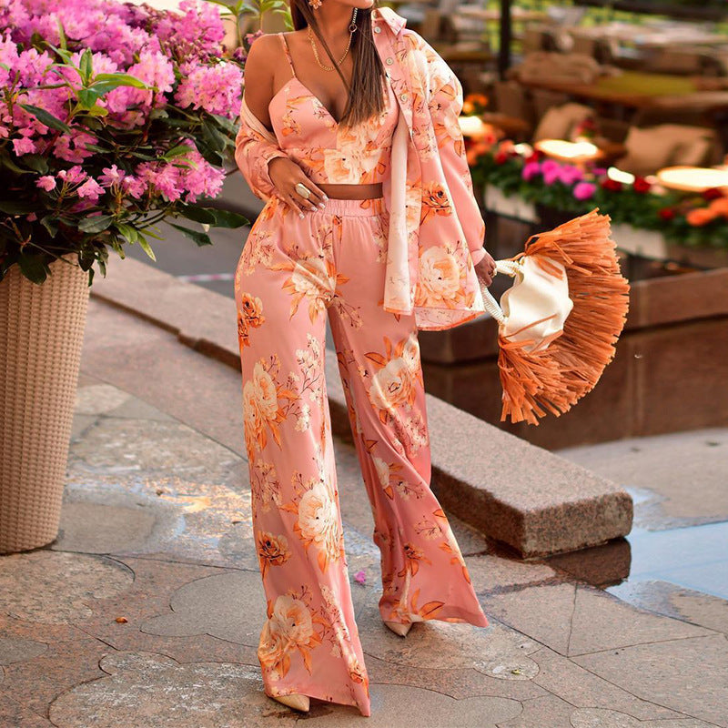 Tube Top Long Sleeve Shirt Straight Printed Trousers Set
