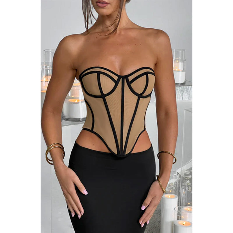 Tube Top Backless Lines Contrast Color Waist Top