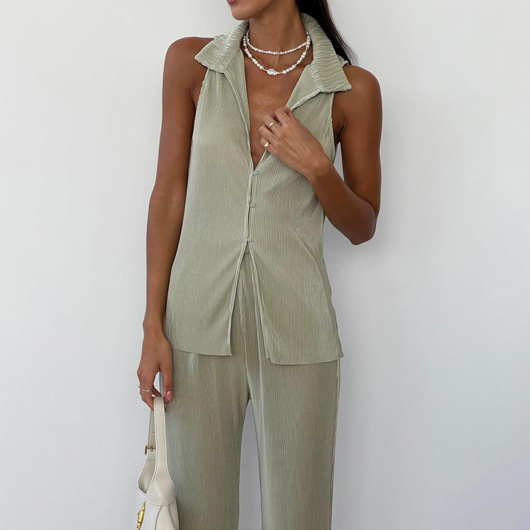 Casual Solid Color Sleeveless Shirt High Waist Trousers Pleated Suit