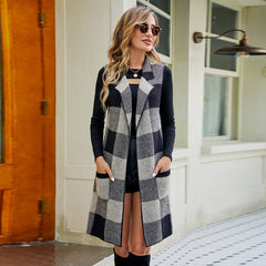 Long Collar Sleeveless Sweater Coat Plaid Jacquard Knitted Vest Outer Wear Cardigan