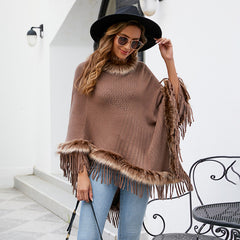 Knitted Tassel Cloak Solid Color Pullover Loose Inverness