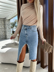 Fresh Sweet Slitable Casual Solid Color Denim Package Hip Skirt