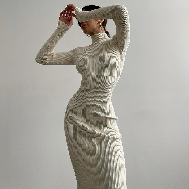 High Collar Mid Length Sunken Stripe Knitted Dress Solid Color Wool Tight Dress