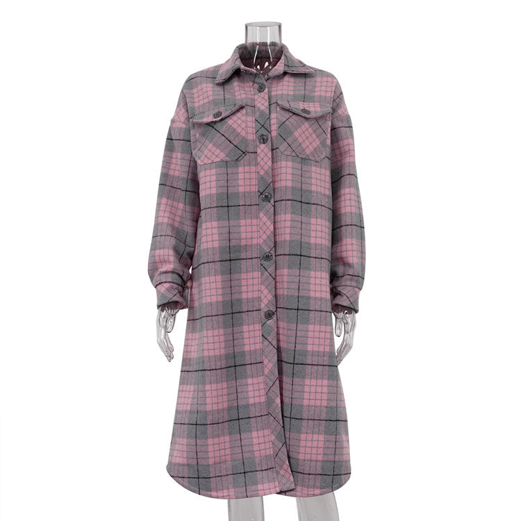 Long Sleeve Collared Plaid Coat Casual Woolen Long Cut Coat