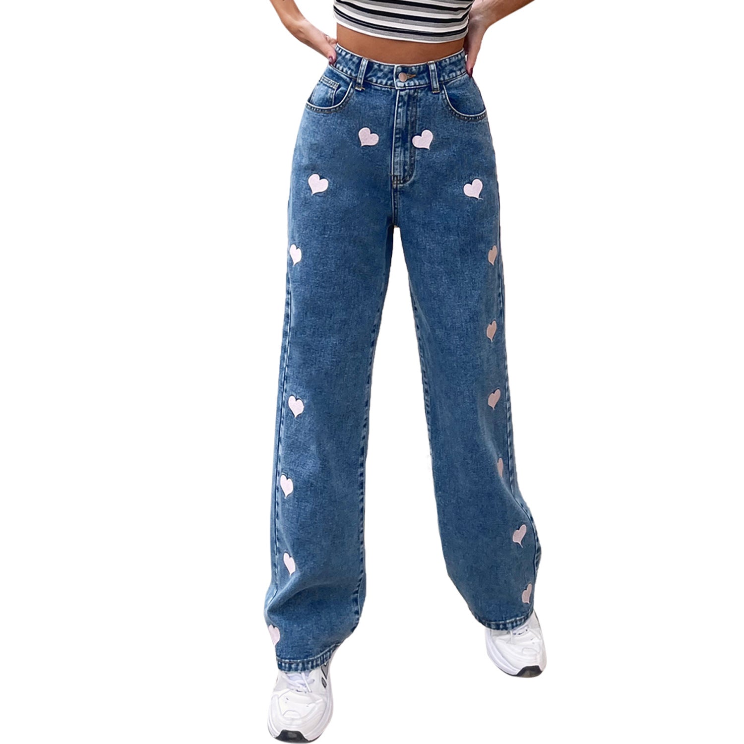Lässige, locker gemusterte, gerade Mop-Denimhose