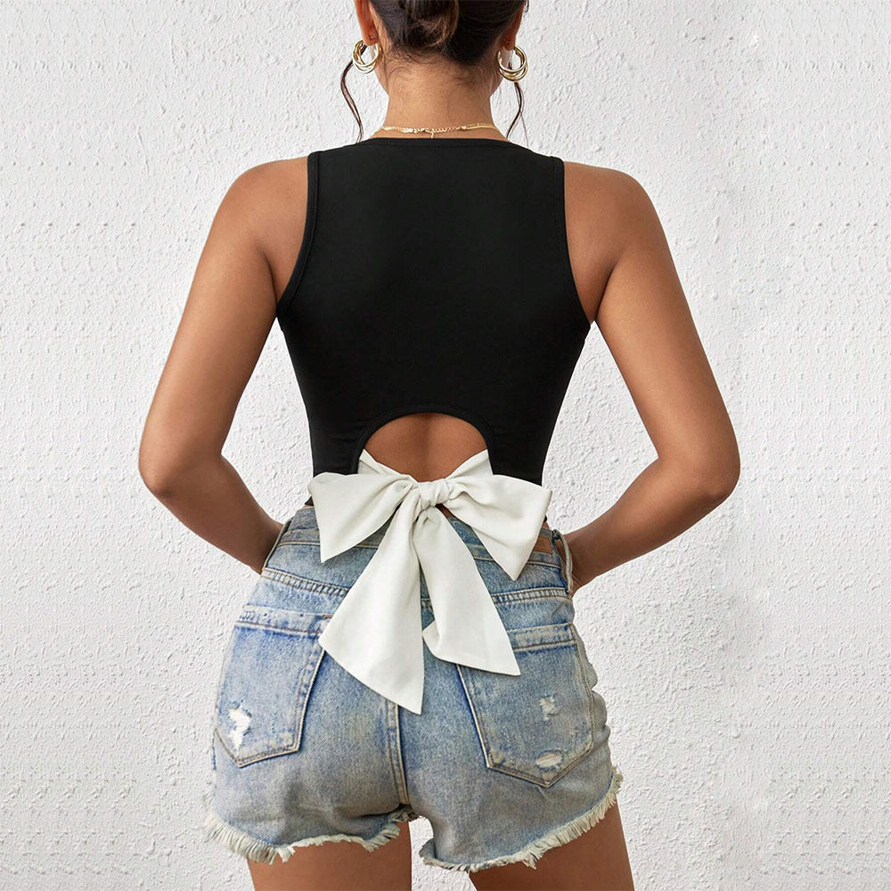 V neck Slim Fit Ultra Short Sleeveless Hollow Out Cutout out Stitching Small Tank Top Top