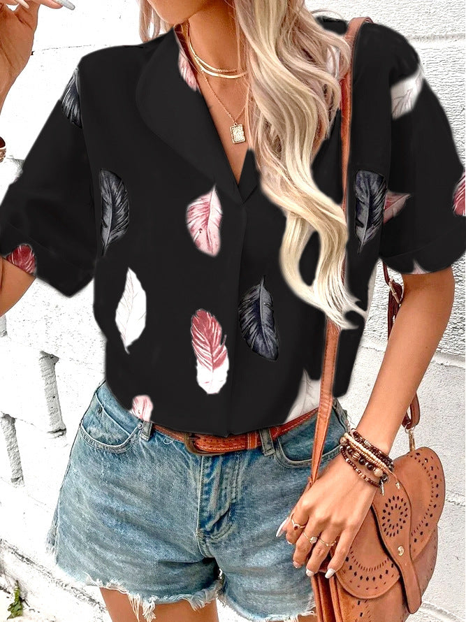Collared Feather Printed Short Sleeved Top Shirt
