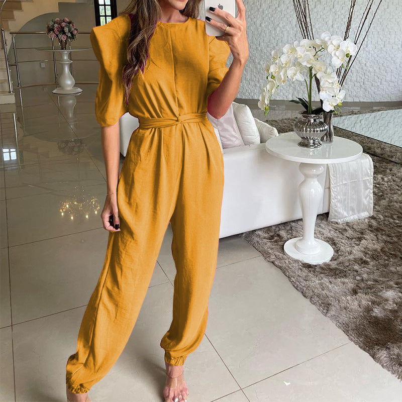 Crew Neck Half Sleeve Solid Color Skinny Jumpsuit