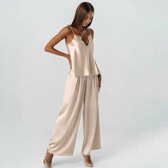 Pyjama en soie artificielle, confortable et frais, bretelles, pantalon, couleur unie, vêtements d'intérieur