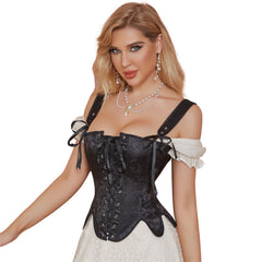 Court Costume Schwarzes 12 Knochen verstärktes Schnür-Lederkorsett mit Lederringkorsett