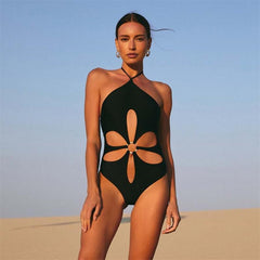 Solid Color Cutout Halter Backless One Piece Bikini