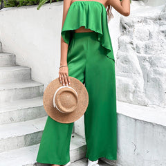 Ruffled Irregular Asymmetric Tube Top Jumpsuit Wide Leg Pants