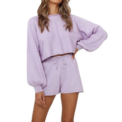 Pullover-Shorts mit Laternenärmeln und einfarbigem Homewear-Anzug