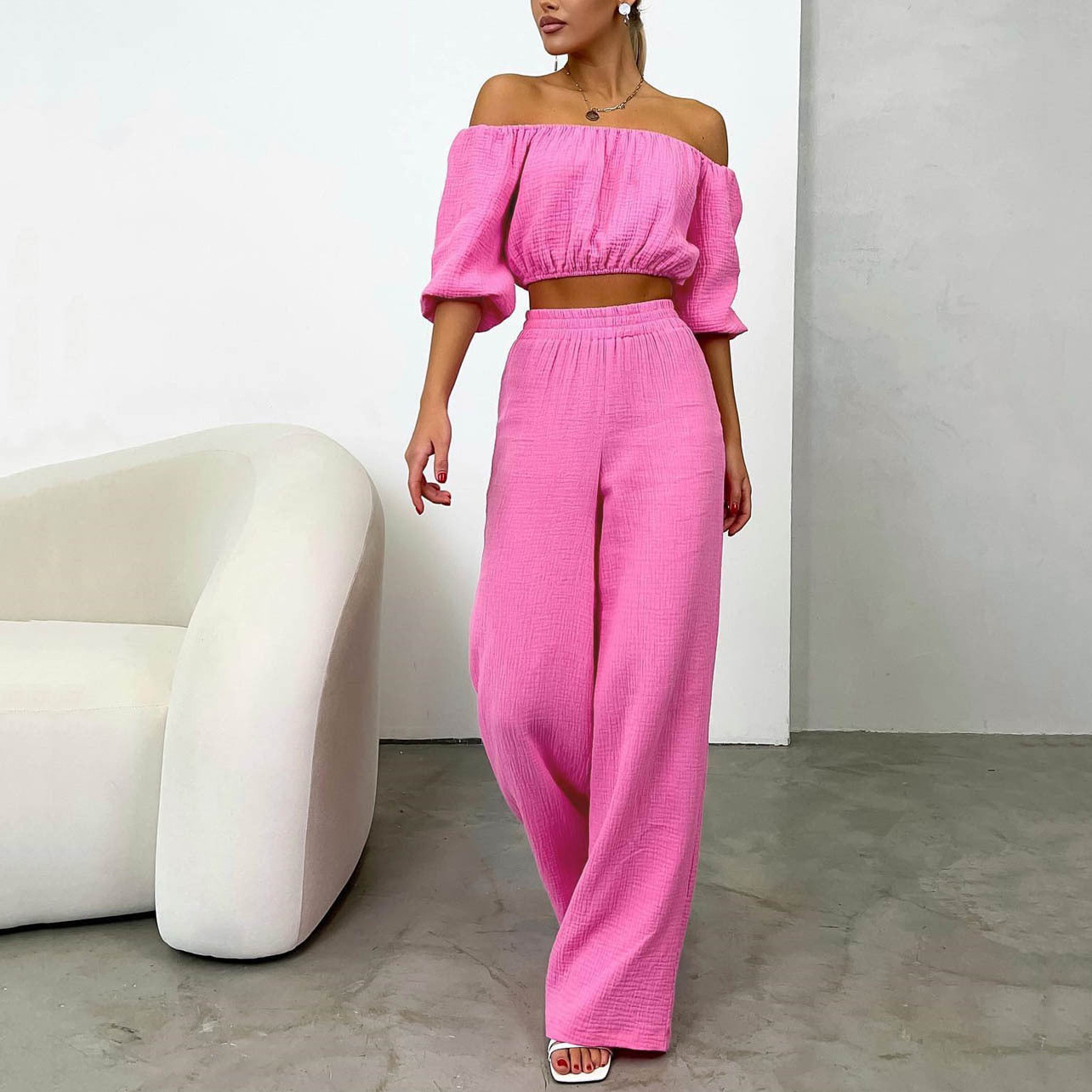 Two Piece Pure Cotton Champray Solid Color off Neck Short Sleeved Top High Waist Wide Leg Pants Casual Suit