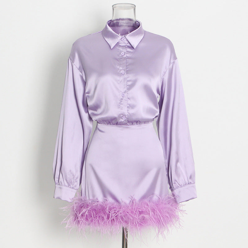 Elegant Socialite Personalized Satin Hip Collared Long Sleeve Solid Color Hem Feather Dress