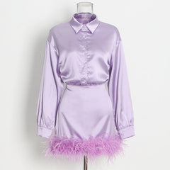 Elegant Socialite Personalized Satin Hip Collared Long Sleeve Solid Color Hem Feather Dress