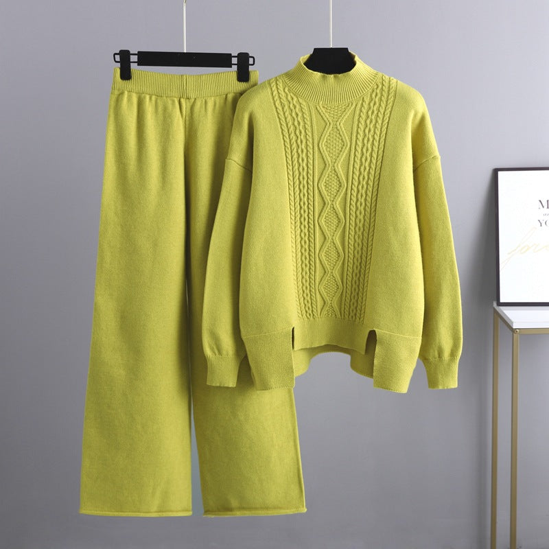 Slimming Knitted Suit Thickened Loose Turtleneck Sweater Wide Leg Pants Two Piece Suit