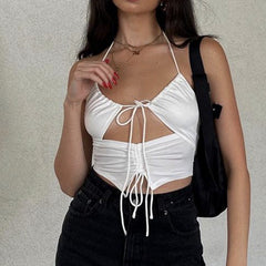 Wear Top Drawstring Hollow Out Cutout out Strap U Collar Slim Fit Inner Wear Small Vest