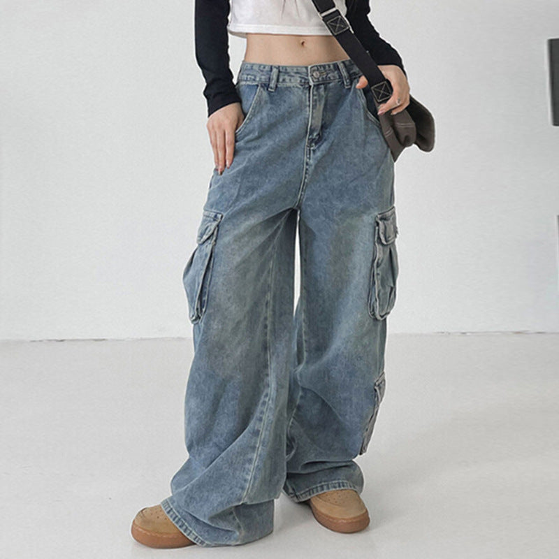Pantalon droit drapé ample bleu vieilli de Big Workwear avec jeans à poches