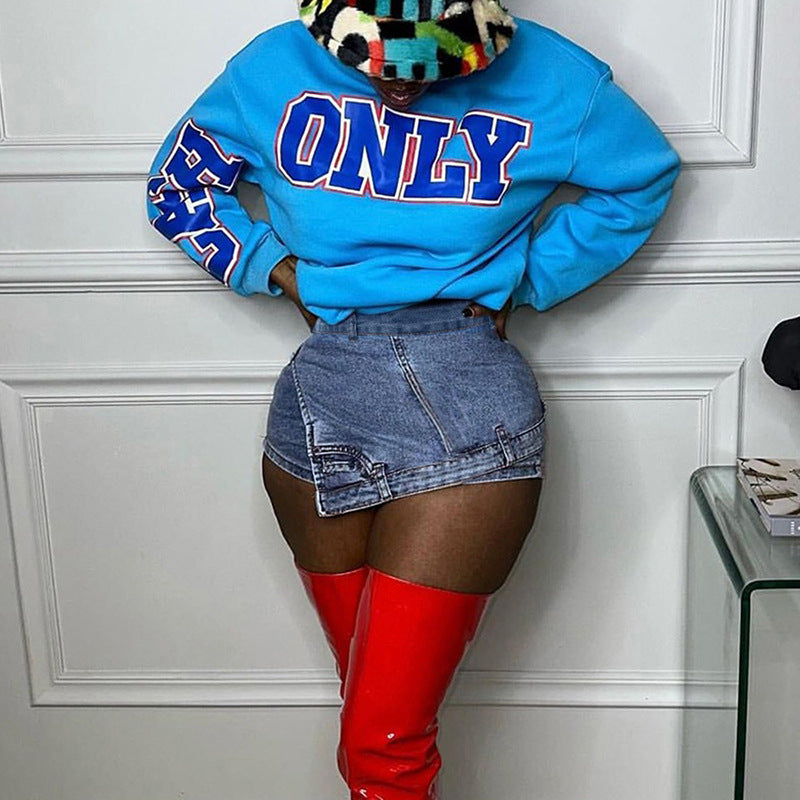 Personality Street Denim Stitching Shorts High Waist Irregular Asymmetric Washed Worn Jeans