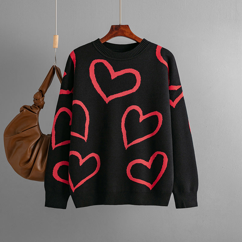 Round Neck Love Contrast Color Sweater Loose Pullover Sweater